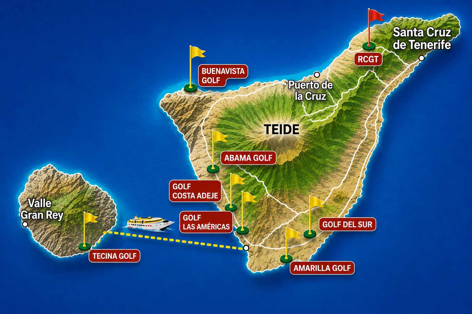 mapa de la ubicación de los campos de golf en Tenerife